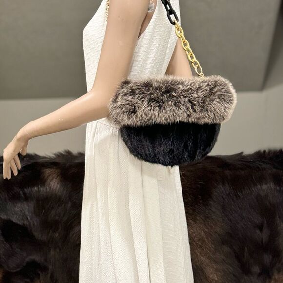Colorblock Handmade Real Mink Fur & Fox Fur Removable leather Handles Bag - Picture 6 of 14